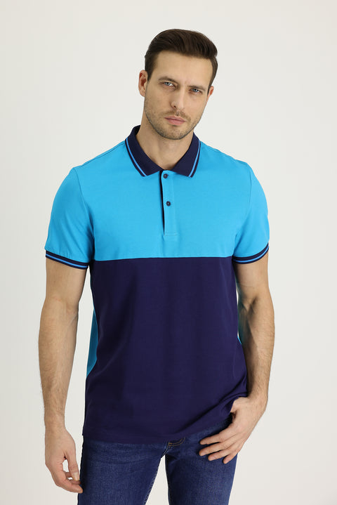 Blue Polo Collar Patterned Cotton T-shirt