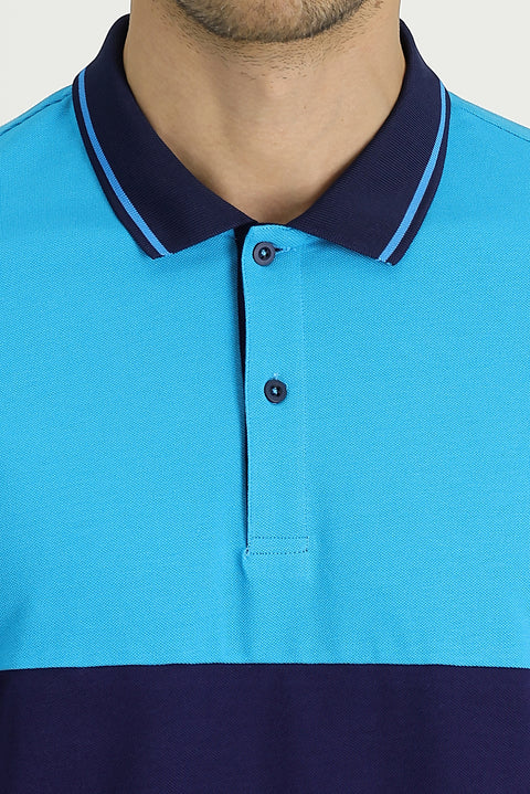 Blue Polo Collar Patterned Cotton T-shirt