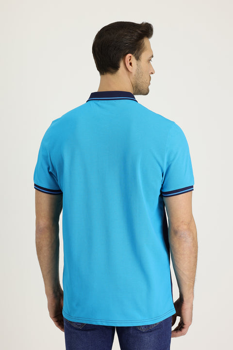 Blue Polo Collar Patterned Cotton T-shirt