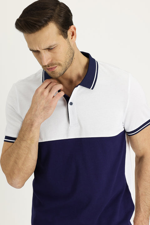 White Polo Collar Slim Fit Patterned Cotton T-shirt