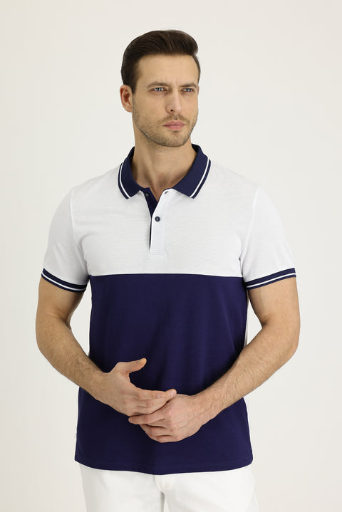 White Polo Collar Slim Fit Patterned Cotton T-shirt
