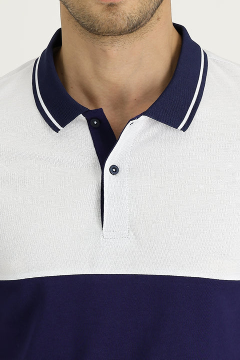 White Polo Collar Slim Fit Patterned Cotton T-shirt