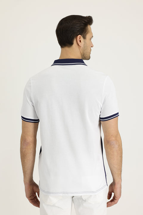 White Polo Collar Slim Fit Patterned Cotton T-shirt