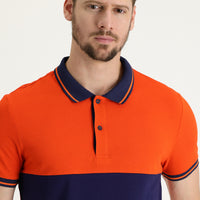 Medium Orange Polo Collar Slim Fit Narrow Cut Patterned Cotton T-shirt