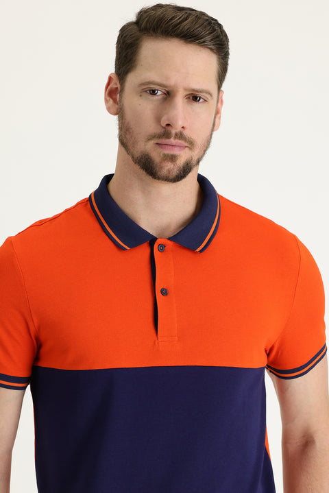 Medium Orange Polo Collar Slim Fit Narrow Cut Patterned Cotton T-shirt