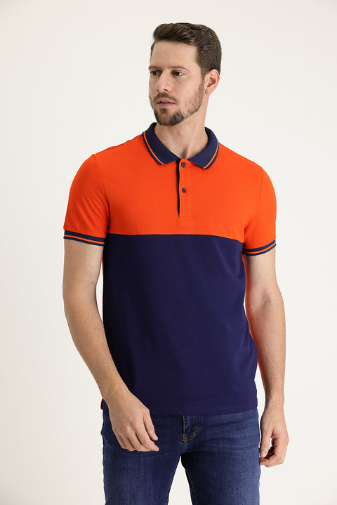 Medium Orange Polo Collar Slim Fit Narrow Cut Patterned Cotton T-shirt
