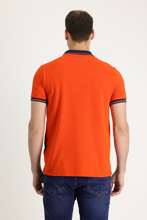 Medium Orange Polo Collar Slim Fit Narrow Cut Patterned Cotton T-shirt