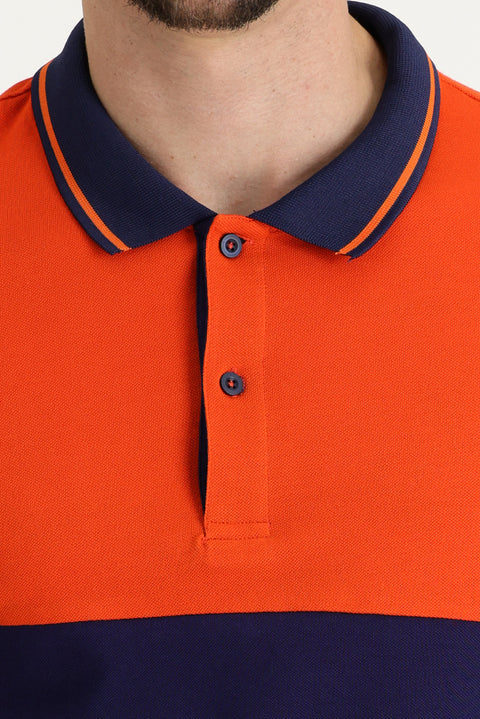 Medium Orange Polo Collar Slim Fit Narrow Cut Patterned Cotton T-shirt