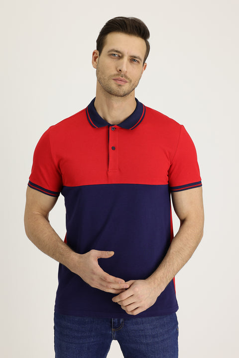 Dark Red Polo Collar Slim Fit Patterned Cotton T-shirt