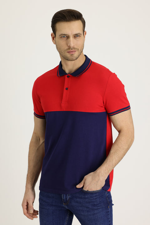 Dark Red Polo Collar Slim Fit Patterned Cotton T-shirt