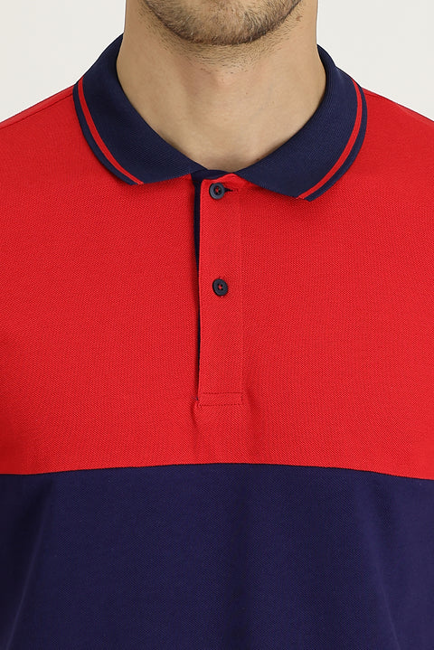 Dark Red Polo Collar Slim Fit Patterned Cotton T-shirt