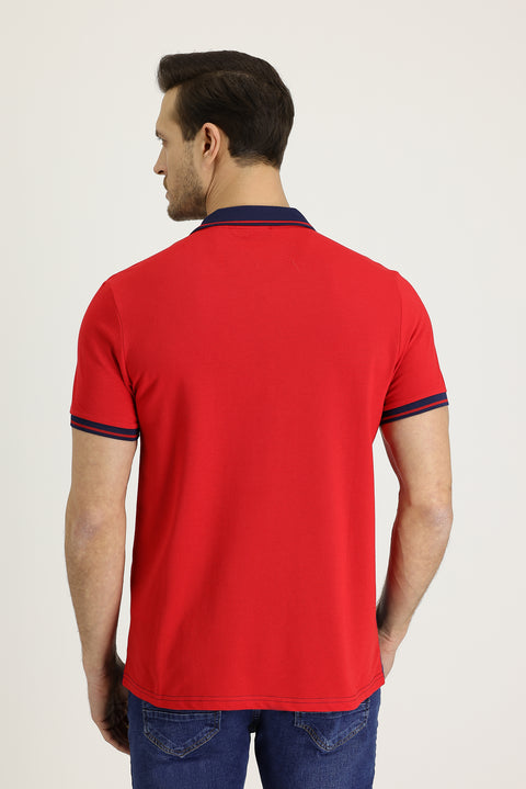 Dark Red Polo Collar Slim Fit Patterned Cotton T-shirt