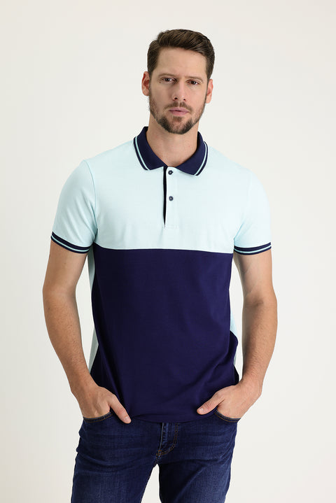 Medium Turquoise Polo Collar Patterned Cotton T-shirt
