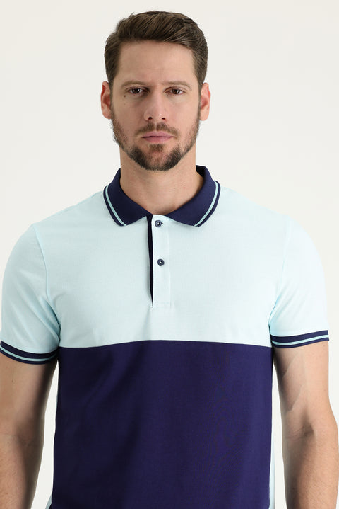 Medium Turquoise Polo Collar Patterned Cotton T-shirt