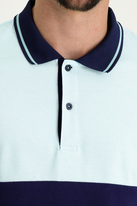 Medium Turquoise Polo Collar Patterned Cotton T-shirt