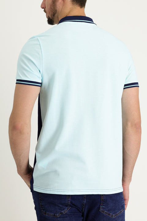 Medium Turquoise Polo Collar Patterned Cotton T-shirt