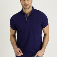 Medium Navy Polo Collar Slim Fit Narrow Cut Patterned Cotton T-shirt