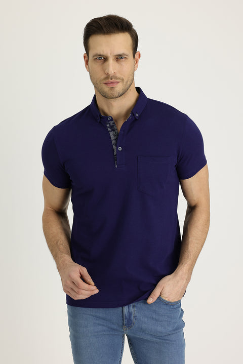 Medium Navy Polo Collar Slim Fit Narrow Cut Patterned Cotton T-shirt