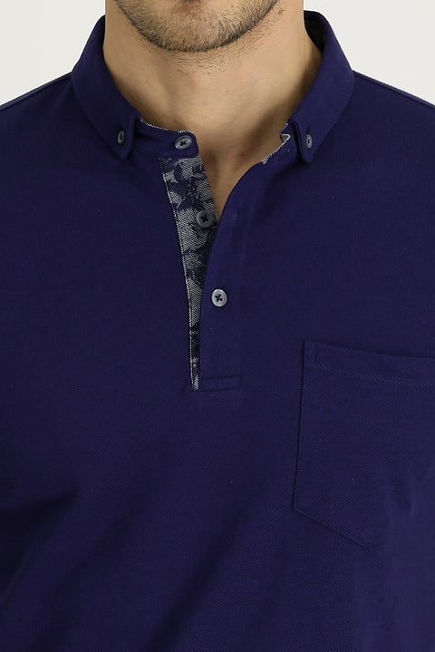 Medium Navy Polo Collar Slim Fit Narrow Cut Patterned Cotton T-shirt