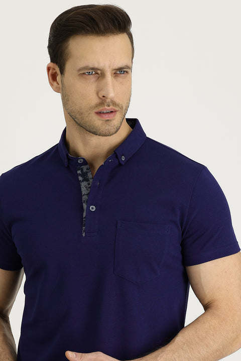 Medium Navy Polo Collar Slim Fit Narrow Cut Patterned Cotton T-shirt