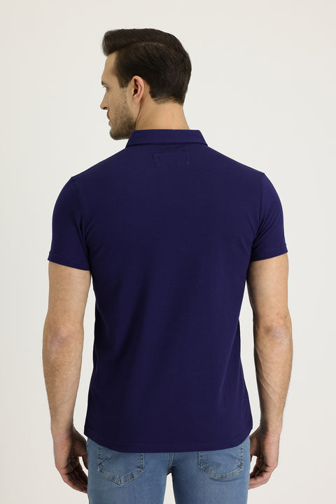 Medium Navy Polo Collar Slim Fit Narrow Cut Patterned Cotton T-shirt