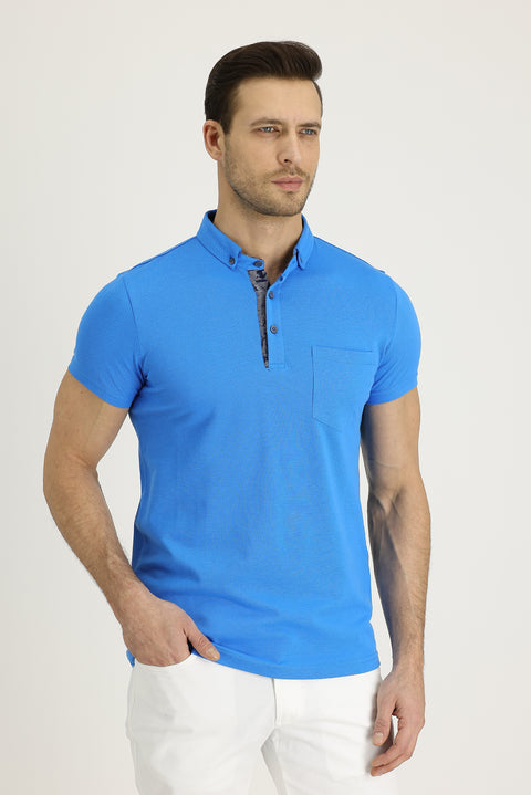 Blue Polo Collar Patterned Cotton T-shirt