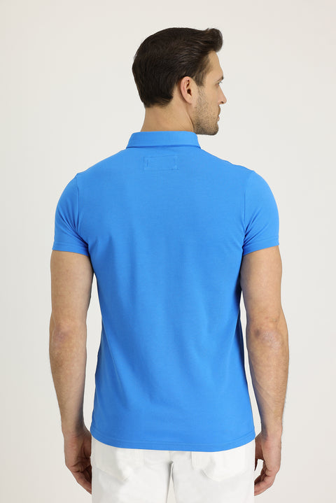 Blue Polo Collar Patterned Cotton T-shirt