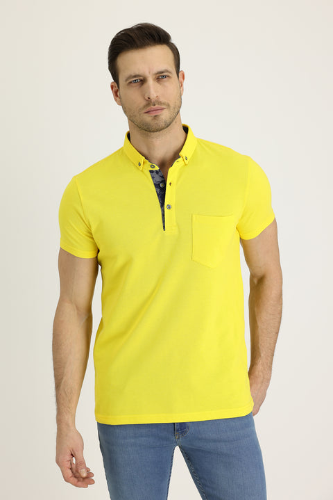 Dark Yellow Polo Collar Slim Fit Patterned T-shirt