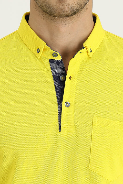 Dark Yellow Polo Collar Slim Fit Patterned T-shirt
