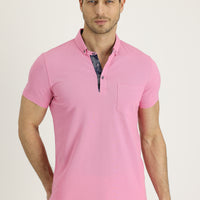 Dusty Pink Polo Collar Slim Fit Narrow Cut Patterned Cotton T-shirt