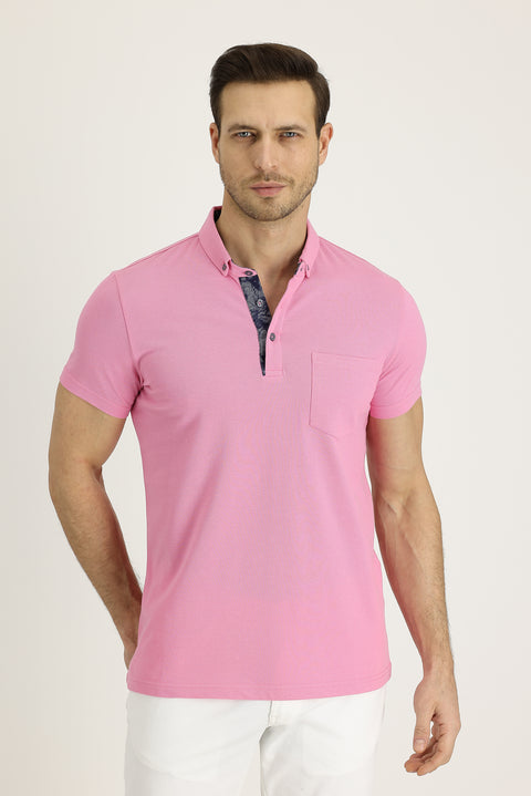Dusty Pink Polo Collar Slim Fit Narrow Cut Patterned Cotton T-shirt