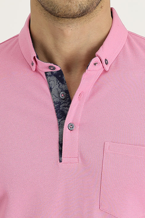Dusty Pink Polo Collar Slim Fit Narrow Cut Patterned Cotton T-shirt