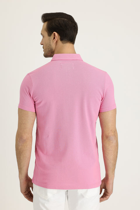 Dusty Pink Polo Collar Slim Fit Narrow Cut Patterned Cotton T-shirt