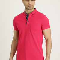 Medium Pink Polo Collar Slim Fit Narrow Cut Patterned Cotton T-shirt
