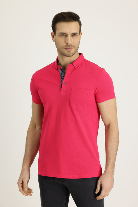 Medium Pink Polo Collar Slim Fit Narrow Cut Patterned Cotton T-shirt