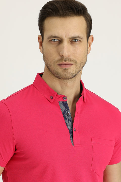 Medium Pink Polo Collar Slim Fit Narrow Cut Patterned Cotton T-shirt
