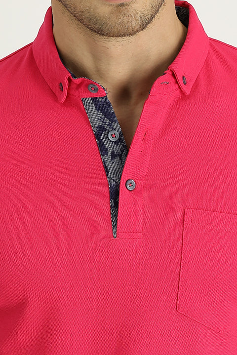 Medium Pink Polo Collar Slim Fit Narrow Cut Patterned Cotton T-shirt