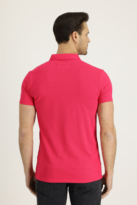 Medium Pink Polo Collar Slim Fit Narrow Cut Patterned Cotton T-shirt