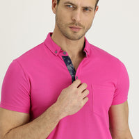Fuchsia Polo Collar Slim Fit Narrow Cut Patterned Cotton T-shirt