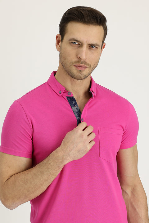 Fuchsia Polo Collar Slim Fit Narrow Cut Patterned Cotton T-shirt