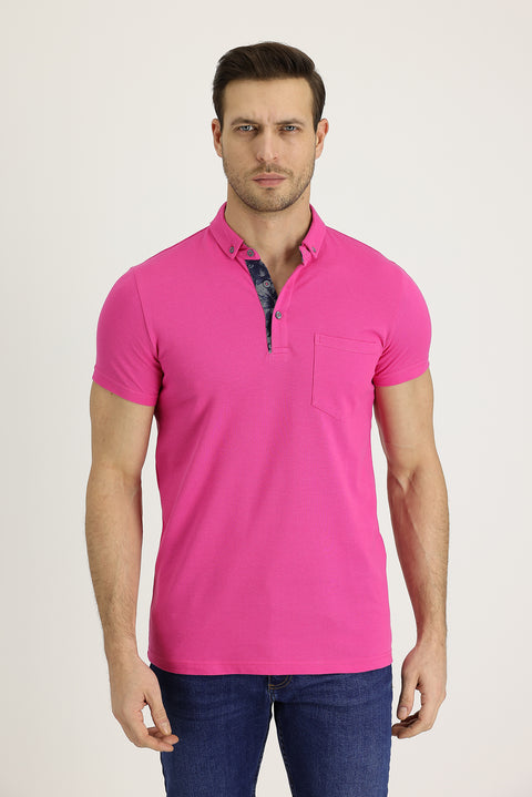 Fuchsia Polo Collar Slim Fit Narrow Cut Patterned Cotton T-shirt