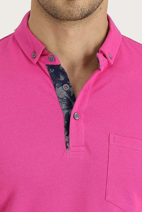 Fuchsia Polo Collar Slim Fit Narrow Cut Patterned Cotton T-shirt