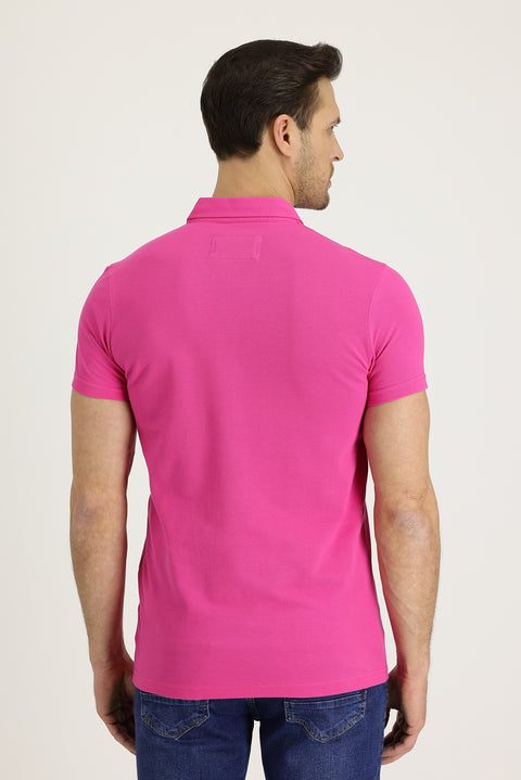 Fuchsia Polo Collar Slim Fit Narrow Cut Patterned Cotton T-shirt