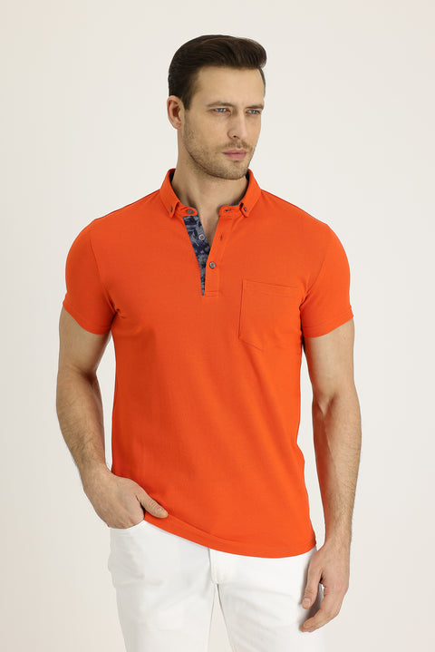 Terracotta Polo Collar Slim Fit Narrow Cut Patterned Cotton T-shirt