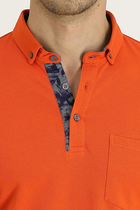 Terracotta Polo Collar Slim Fit Narrow Cut Patterned Cotton T-shirt
