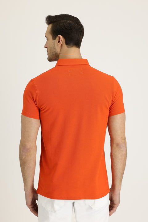 Terracotta Polo Collar Slim Fit Narrow Cut Patterned Cotton T-shirt