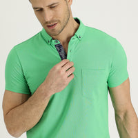 Light Green Polo Collar Slim Fit Narrow Cut Patterned Cotton T-shirt