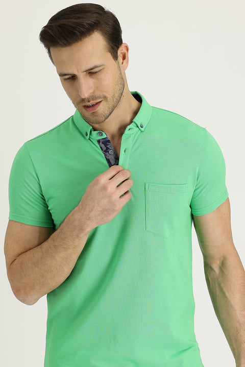 Light Green Polo Collar Slim Fit Narrow Cut Patterned Cotton T-shirt