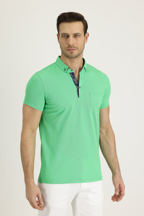 Light Green Polo Collar Slim Fit Narrow Cut Patterned Cotton T-shirt