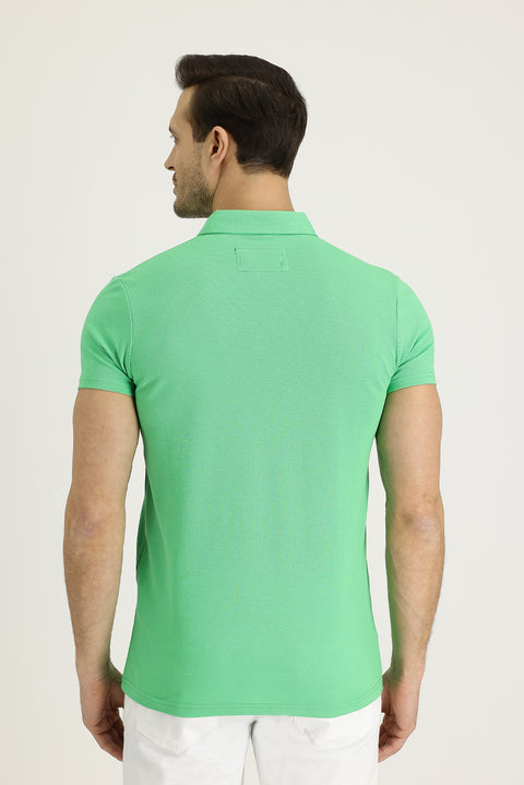 Light Green Polo Collar Slim Fit Narrow Cut Patterned Cotton T-shirt